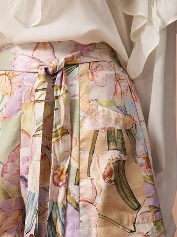 Enchnt New Autumn Winter Products,Women's Romantic Floral Print Belted Shorts With Pockets,Fall Winter Women's Clothing