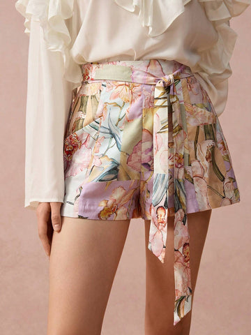 Enchnt New Autumn Winter Products,Women's Romantic Floral Print Belted Shorts With Pockets,Fall Winter Women's Clothing