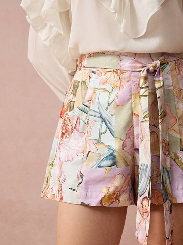 Enchnt New Autumn Winter Products,Women's Romantic Floral Print Belted Shorts With Pockets,Fall Winter Women's Clothing