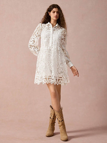 Enchnt New Autumn Winter Products, Women Lapel Lantern Sleeve Hollow Out Lace Waisted Elegant Dress, Fall Winter Women's Clothing, Winter Dress, Long Sleeve Dress,White Dress