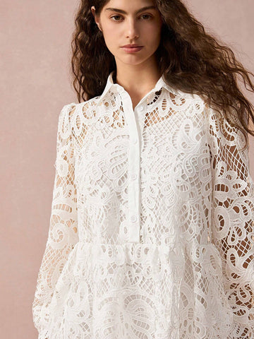 Enchnt New Autumn Winter Products, Women Lapel Lantern Sleeve Hollow Out Lace Waisted Elegant Dress, Fall Winter Women's Clothing, Winter Dress, Long Sleeve Dress,White Dress