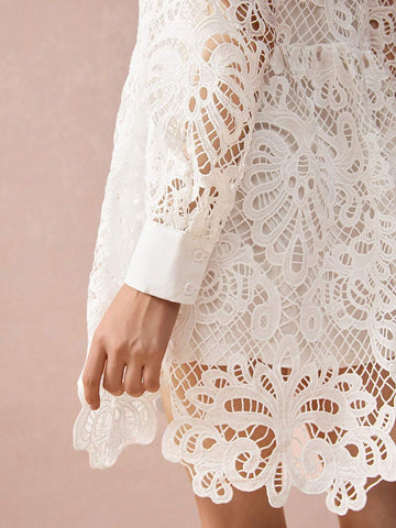 Enchnt New Autumn Winter Products, Women Lapel Lantern Sleeve Hollow Out Lace Waisted Elegant Dress, Fall Winter Women's Clothing, Winter Dress, Long Sleeve Dress,White Dress