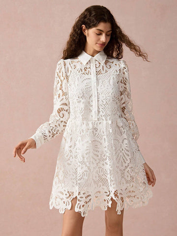 Enchnt New Autumn Winter Products, Women Lapel Lantern Sleeve Hollow Out Lace Waisted Elegant Dress, Fall Winter Women's Clothing, Winter Dress, Long Sleeve Dress,White Dress