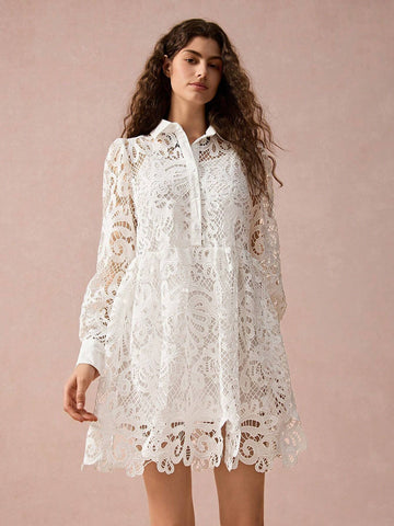 Enchnt New Autumn Winter Products, Women Lapel Lantern Sleeve Hollow Out Lace Waisted Elegant Dress, Fall Winter Women's Clothing, Winter Dress, Long Sleeve Dress,White Dress