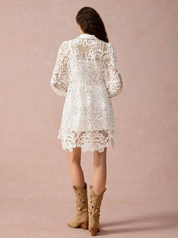 Enchnt New Autumn Winter Products, Women Lapel Lantern Sleeve Hollow Out Lace Waisted Elegant Dress, Fall Winter Women's Clothing, Winter Dress, Long Sleeve Dress,White Dress