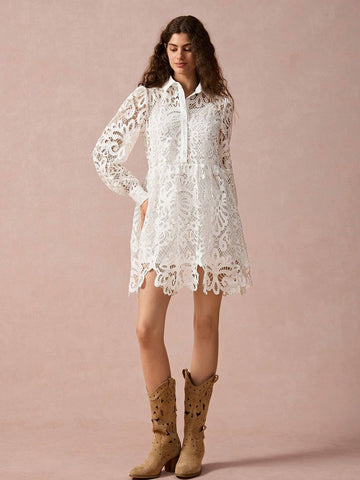 Enchnt New Autumn Winter Products, Women Lapel Lantern Sleeve Hollow Out Lace Waisted Elegant Dress, Fall Winter Women's Clothing, Winter Dress, Long Sleeve Dress,White Dress