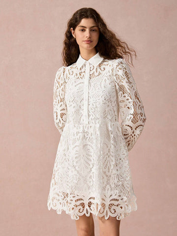 Enchnt New Autumn Winter Products, Women Lapel Lantern Sleeve Hollow Out Lace Waisted Elegant Dress, Fall Winter Women's Clothing, Winter Dress, Long Sleeve Dress,White Dress