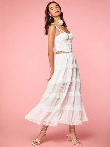 Enchnt Romantic Elegant Women's Summer Holiday White Solid Color Lace Cake Skirt