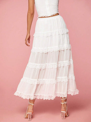 Enchnt Romantic Elegant Women's Summer Holiday White Solid Color Lace Cake Skirt