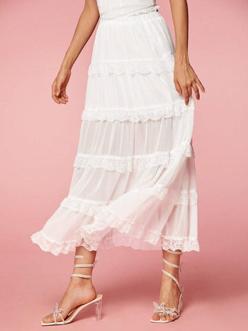 Enchnt Romantic Elegant Women's Summer Holiday White Solid Color Lace Cake Skirt