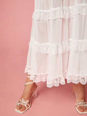 Enchnt Romantic Elegant Women's Summer Holiday White Solid Color Lace Cake Skirt