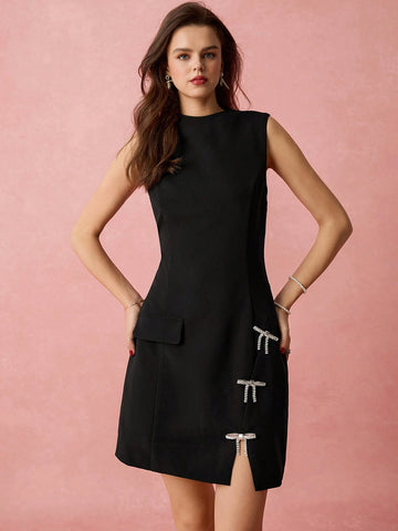 Enchnt Spring/Summer Romantic Women's Fashionable Black Sparkle Exquisite Rhinestone Bow Decor Asymmetric Design Sleeveless Short Dress,Sweet&Elegant For Valentine Day&Birthday&Holiday Party &Sweet Date Night&Daily Commuting&Office Siren