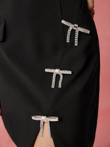 Enchnt Spring/Summer Romantic Women's Fashionable Black Sparkle Exquisite Rhinestone Bow Decor Asymmetric Design Sleeveless Short Dress,Sweet&Elegant For Valentine Day&Birthday&Holiday Party &Sweet Date Night&Daily Commuting&Office Siren