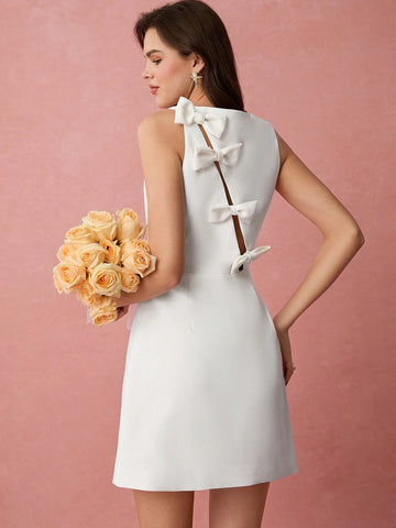 Enchnt Spring/Summer Romantic Women's White Cute Bowknot Decor Sleeveless Round Neck Short Dress,Sweet&Elegant For Valentine Day&Birthday&Holiday Party &Sweet Date Night&Daily Commuting