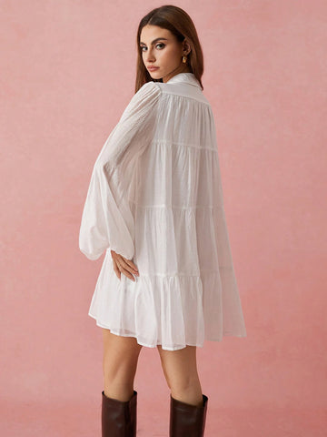 Enchnt Spring/Summer Romantic Women's White Front Button Long Sleeve Ruched A-Line Short Shirt Dress,Sweet&Elegant For Valentine Day&Holiday Party &Sweet Date Night&Daily Commuting&Vacation,Casual And Comfortable&Good Air Permeability