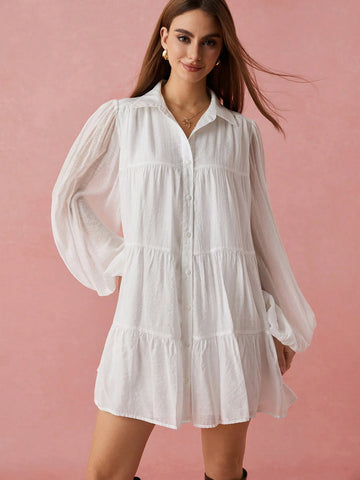 Enchnt Spring/Summer Romantic Women's White Front Button Long Sleeve Ruched A-Line Short Shirt Dress,Sweet&Elegant For Valentine Day&Holiday Party &Sweet Date Night&Daily Commuting&Vacation,Casual And Comfortable&Good Air Permeability