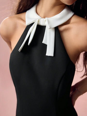 Enchnt Spring Romantic Women's Color Block Neck Tie Wrap Short Dress,Sweet&Elegant For Valentine Day&Holiday &Sweet Date&Daily