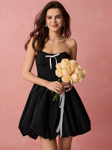 Enchnt Spring Romantic Women's Simple Casual Bow Decor Bud Hem Mini Dress,Sweet&Elegant For Valentine Day&Holiday &Sweet Date&Daily&Vacation