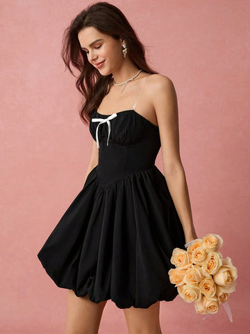 Enchnt Spring Romantic Women's Simple Casual Bow Decor Bud Hem Mini Dress,Sweet&Elegant For Valentine Day&Holiday &Sweet Date&Daily&Vacation