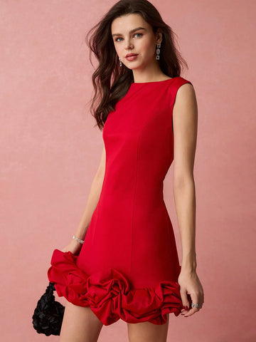 Enchnt Spring Romantic Women's Solid Color Backless Zipper Design Peplum Hem Sleeveless Short Dress,For Valentine Day&Holiday&Vacation&Sweet Date&Party