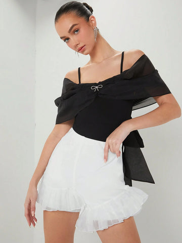 Enchnt Summer Patchwork Mesh Ruffle Hem Shorts