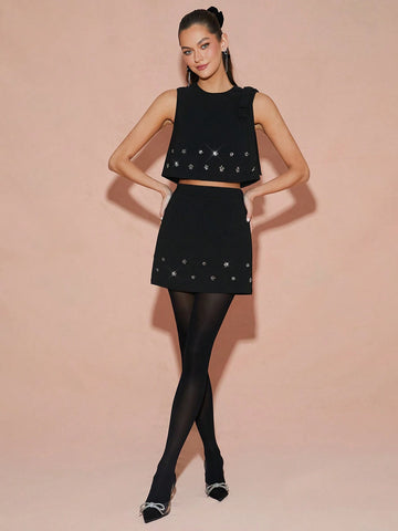 Enchnt Winter/Spring Romantic Women's Black Metal Little Flower Decor A-Line Cute Mini Skirt,Sweet&Elegant For Christmas Party&Pretty Date Nights&Romantic Dinner Dates