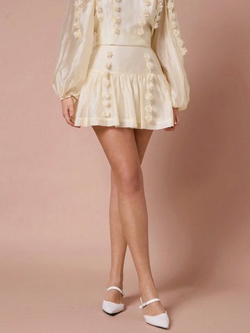 Enchnt Winter Romantic Women 3D Floral Decor Ruffled Hemline Mini Skirt,For Christmas Party&Romantic Dinner Dates,Holiday Skirt