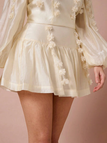 Enchnt Winter Romantic Women 3D Floral Decor Ruffled Hemline Mini Skirt,For Christmas Party&Romantic Dinner Dates,Holiday Skirt