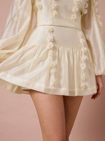 Enchnt Winter Romantic Women 3D Floral Decor Ruffled Hemline Mini Skirt,For Christmas Party&Romantic Dinner Dates,Holiday Skirt