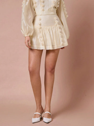 Enchnt Winter Romantic Women 3D Floral Decor Ruffled Hemline Mini Skirt,For Christmas Party&Romantic Dinner Dates,Holiday Skirt