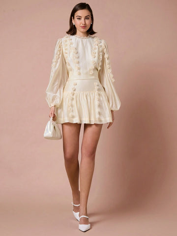 Enchnt Winter Romantic Women 3D Floral Decor Ruffled Hemline Mini Skirt,For Christmas Party&Romantic Dinner Dates,Holiday Skirt