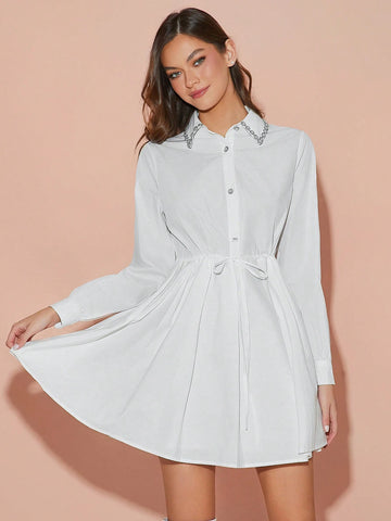 Enchnt Winter Romantic Women's Elegant Crystal Decor Long Sleeve Mini Dress, New Years Dress ,For Christmas Party&Romantic Dinner Dates