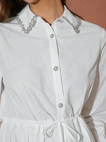 Enchnt Winter Romantic Women's Elegant Crystal Decor Long Sleeve Mini Dress, New Years Dress ,For Christmas Party&Romantic Dinner Dates