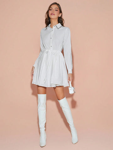 Enchnt Winter Romantic Women's Elegant Crystal Decor Long Sleeve Mini Dress, New Years Dress ,For Christmas Party&Romantic Dinner Dates