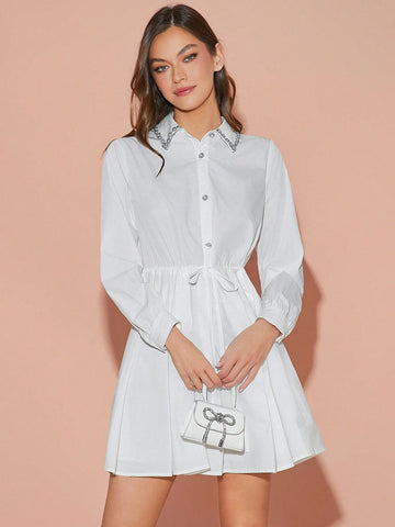 Enchnt Winter Romantic Women's Elegant Crystal Decor Long Sleeve Mini Dress, New Years Dress ,For Christmas Party&Romantic Dinner Dates