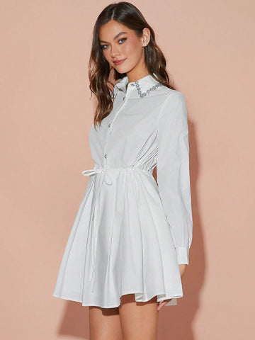 Enchnt Winter Romantic Women's Elegant Crystal Decor Long Sleeve Mini Dress, New Years Dress ,For Christmas Party&Romantic Dinner Dates