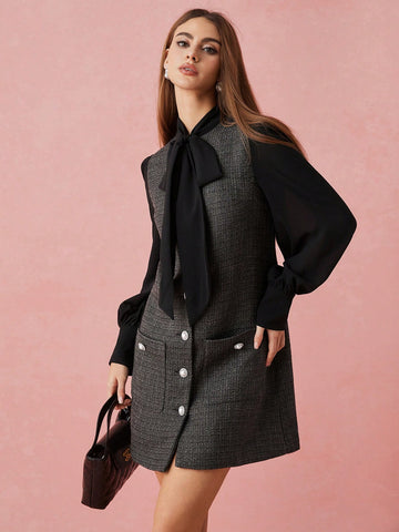 Enchnt Women Front Tie Long Sleeve Pocket Casual Midi Dress