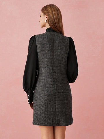 Enchnt Women Front Tie Long Sleeve Pocket Casual Midi Dress