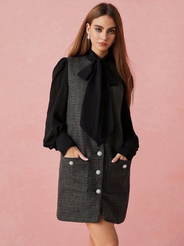 Enchnt Women Front Tie Long Sleeve Pocket Casual Midi Dress