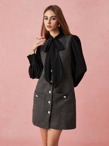 Enchnt Women Front Tie Long Sleeve Pocket Casual Midi Dress