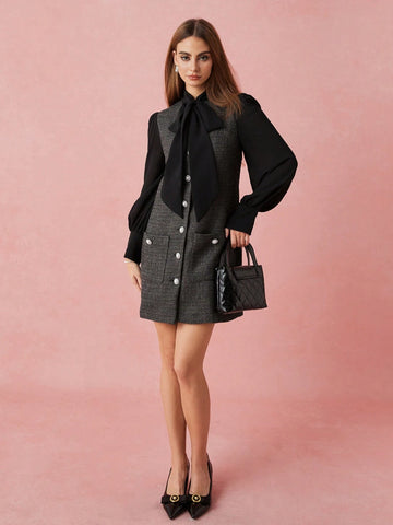 Enchnt Women Front Tie Long Sleeve Pocket Casual Midi Dress