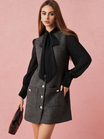 Enchnt Women Front Tie Long Sleeve Pocket Casual Midi Dress