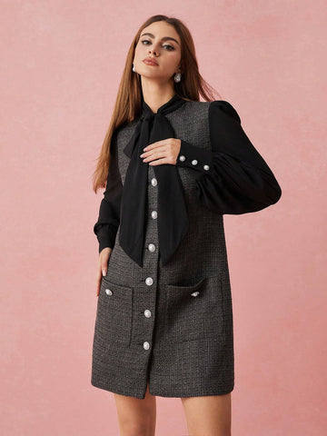 Enchnt Women Front Tie Long Sleeve Pocket Casual Midi Dress