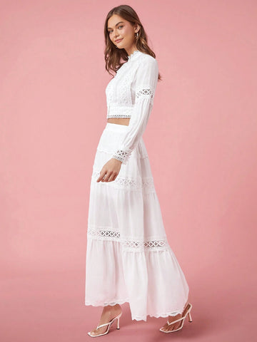 Enchnt Women Solid Color High Waist Contrast Lace Long Skirt