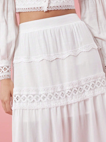 Enchnt Women Solid Color High Waist Contrast Lace Long Skirt