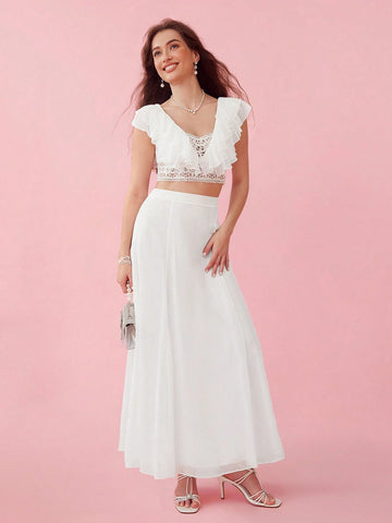 Enchnt Women Summer Spring White Embroidery Elegant Lace Splice Ruffle Trim Decor Crop Top And Skirt Set,Romantic Holiday Two Piece Outfits