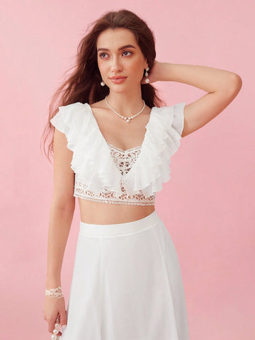Enchnt Women Summer Spring White Embroidery Elegant Lace Splice Ruffle Trim Decor Crop Top And Skirt Set,Romantic Holiday Two Piece Outfits