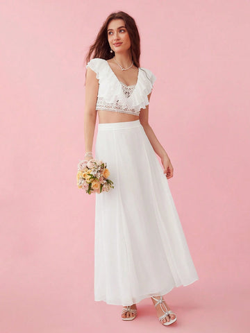 Enchnt Women Summer Spring White Embroidery Elegant Lace Splice Ruffle Trim Decor Crop Top And Skirt Set,Romantic Holiday Two Piece Outfits