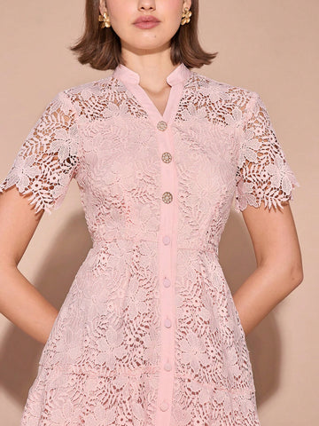 Enchnt Women V-Neck Lace Short Sleeve Single-Breasted Elegant Vacation Mini Dress,For Christmas Party&Romantic Dinner Dates