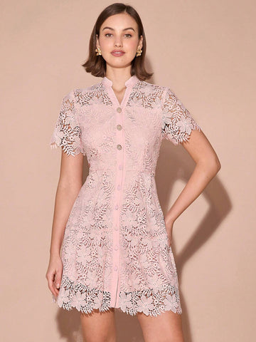 Enchnt Women V-Neck Lace Short Sleeve Single-Breasted Elegant Vacation Mini Dress,For Christmas Party&Romantic Dinner Dates